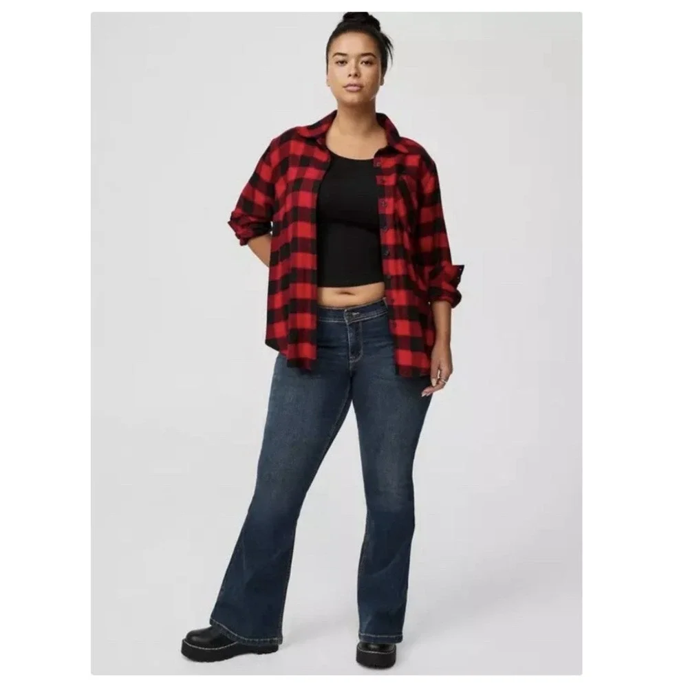 Torrid Lizzie Black Red Buffalo Plaid Twill Button Up Long Sleeve‎ Shirt Size 3X